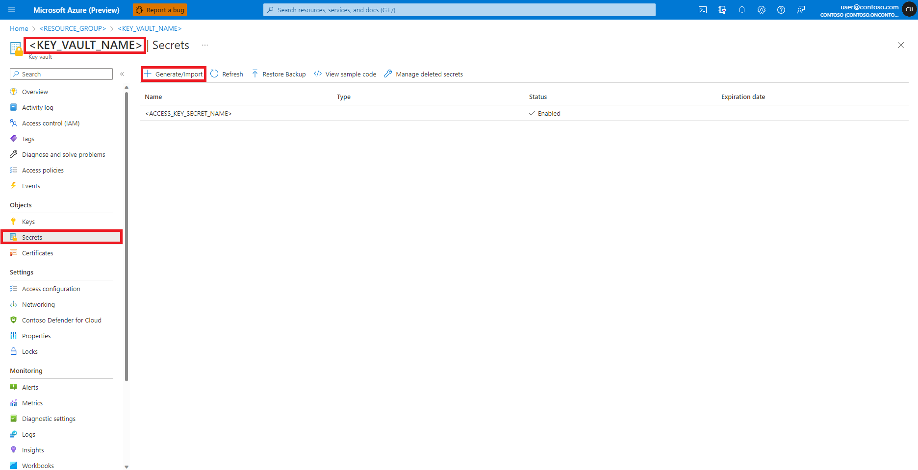 Zrzut ekranu przedstawiający kartę Generowanie lub importowanie wpisów tajnych usługi Azure Key Vault.
