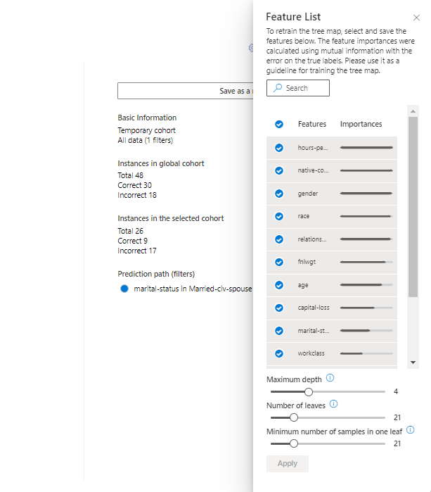 Screenshot of the dashboard side panel, which lists selectable features of an error analysis tree map.