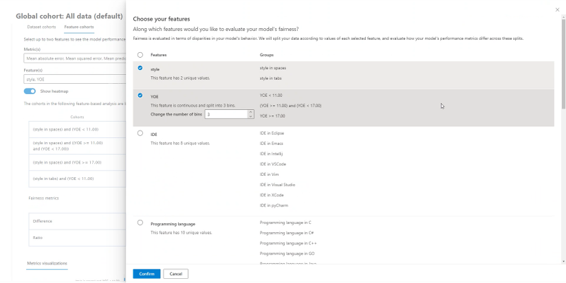 Screenshot of the dashboard 'Model overview' pane, showing how to choose features.