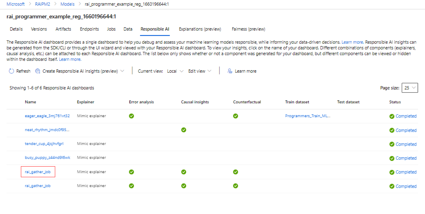 Screenshot of Responsible AI tab with a dashboard name highlighted.