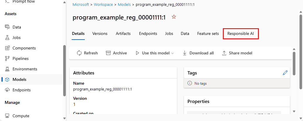 Screenshot of the model details pane in Azure Machine Learning studio, with the 'Responsible AI' tab highlighted.