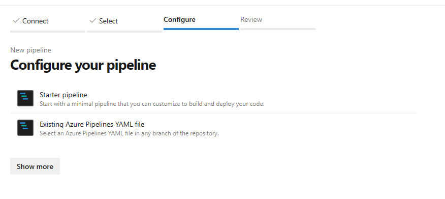 Zrzut ekranu przedstawiający stronę potoku usługi Azure DevOps w kroku konfigurowania.