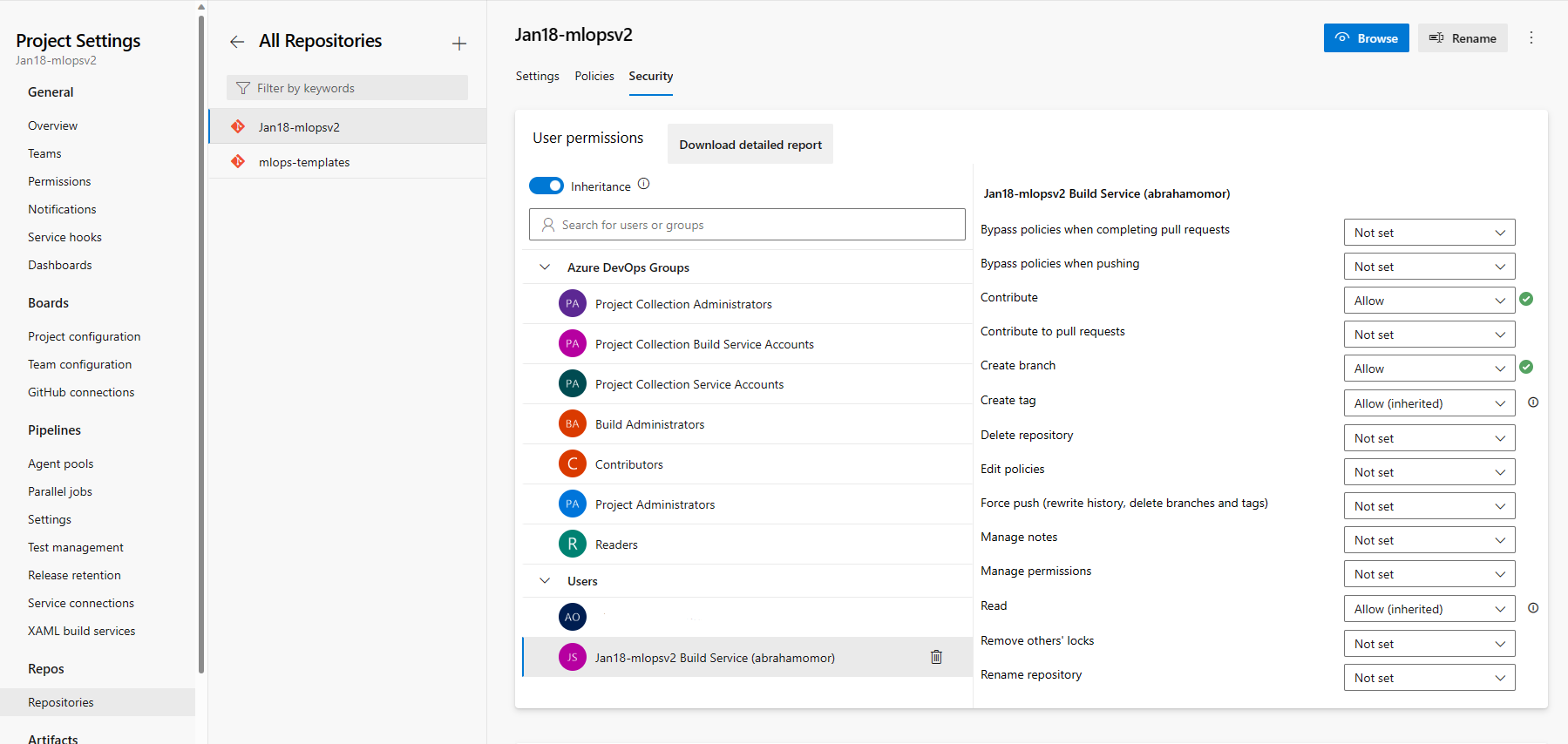 Zrzut ekranu przedstawiający uprawnienia usługi Azure DevOps.