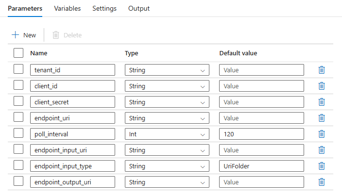 Screenshot of the pipeline parameters expected for the resulting pipeline.