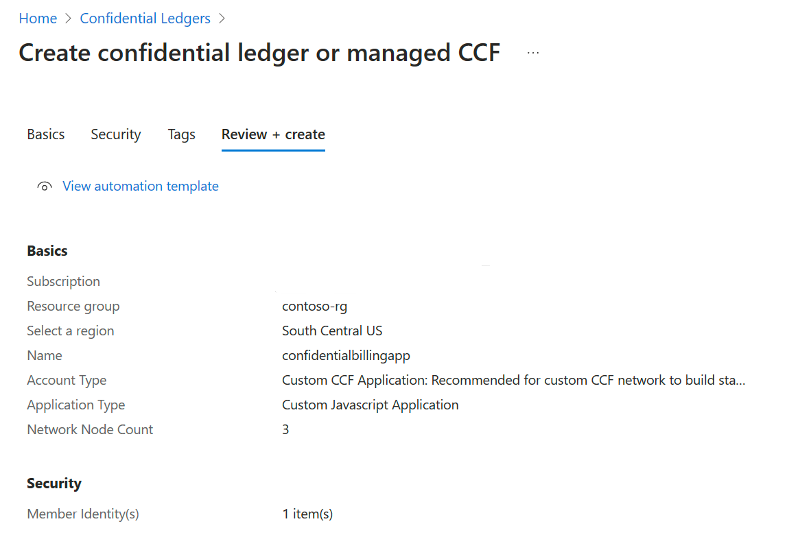 A screenshot of the Managed CCF resource review tab screen.