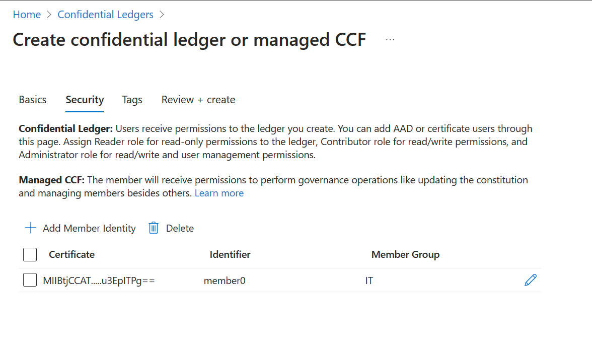 A screenshot of the Managed CCF resource security tab screen.