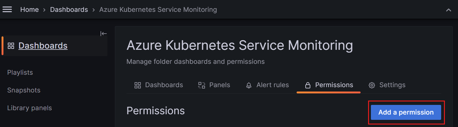 Zrzut ekranu przedstawiający witrynę Azure Portal, wybierając pozycję Dodaj uprawnienie.