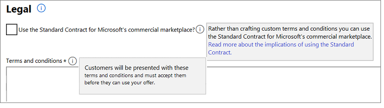 Ilustruje pole wyboru Use the Standard Contract for Microsoft's commercial marketplace (Używanie umowy standardowej dla platformy handlowej Microsoft).