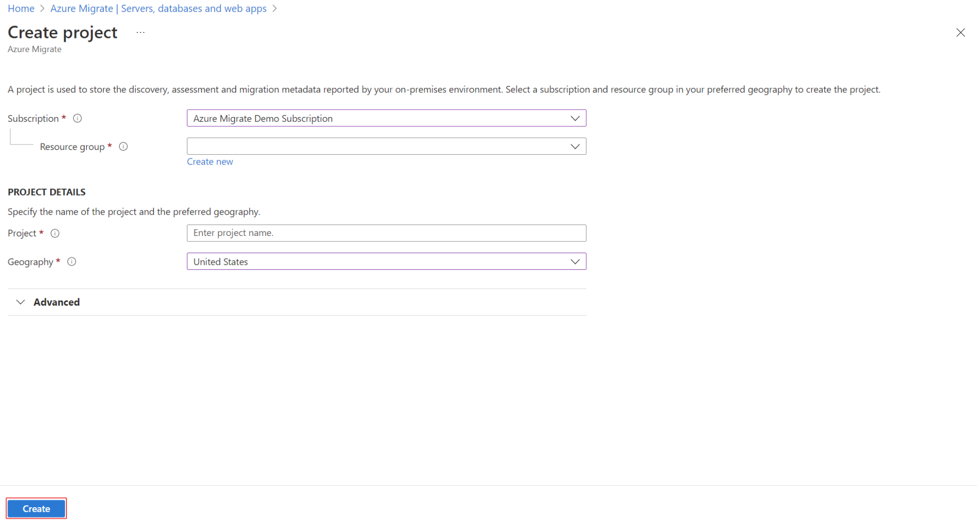 Obraz przedstawiający stronę usługi Azure Migrate do ustawień projektu wejściowego.