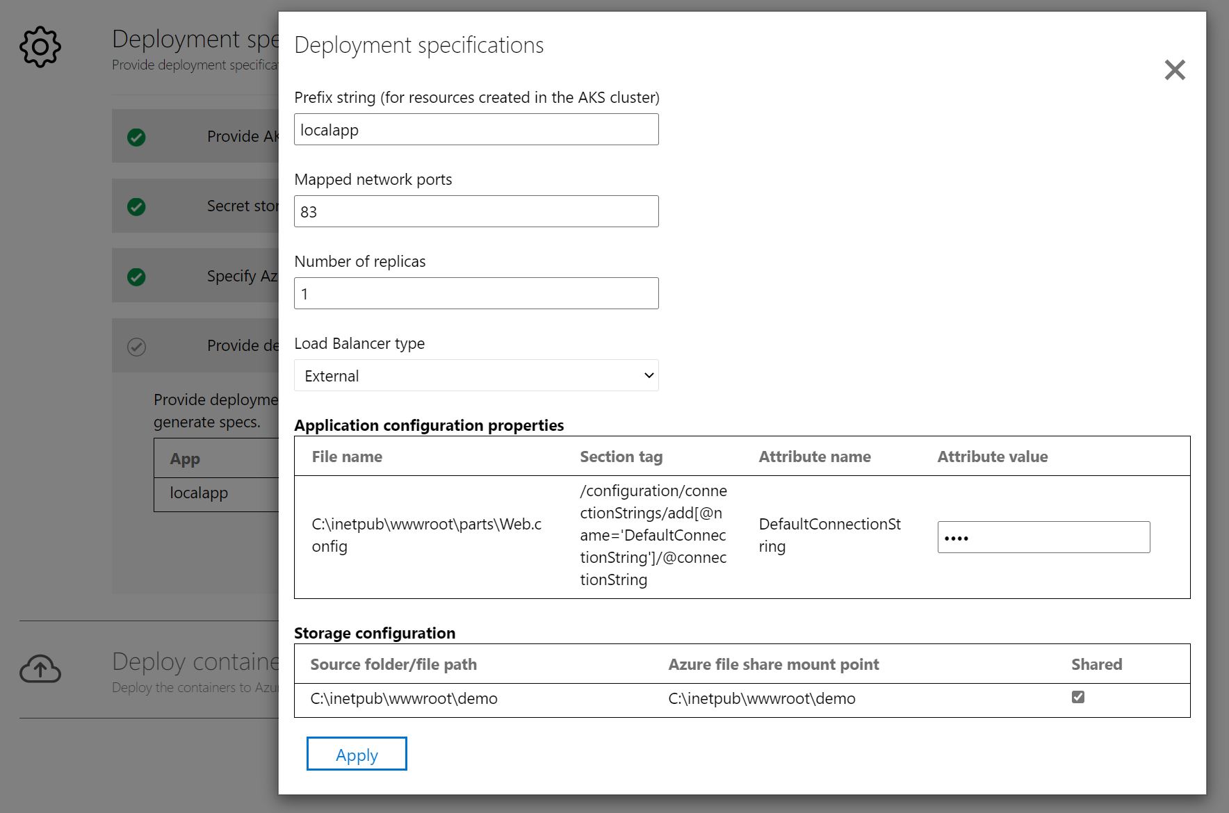 Zrzut ekranu przedstawiający konfigurację aplikacji wdrażania.