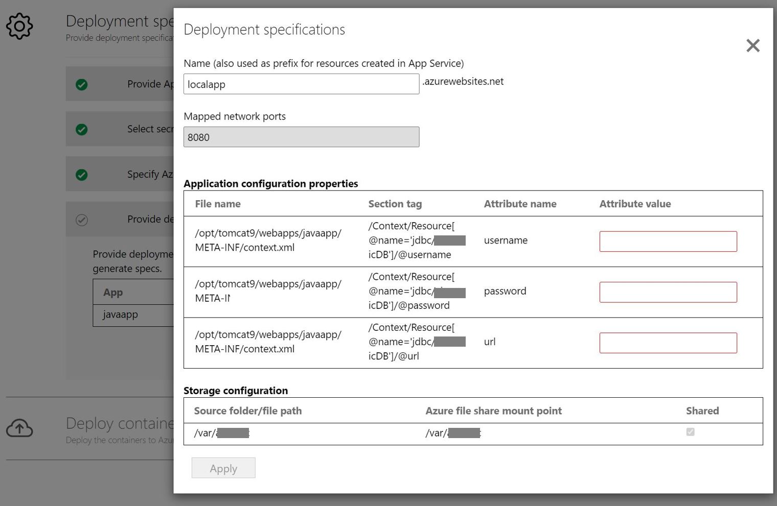 Zrzut ekranu przedstawiający konfigurację aplikacji wdrażania.