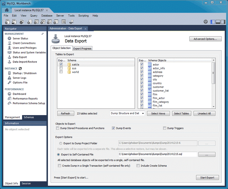 Zrzut ekranu przedstawiający wyświetlanie okienka Eksportowanie danych w aplikacji MySQL Workbench przy użyciu okienka Nawigator.