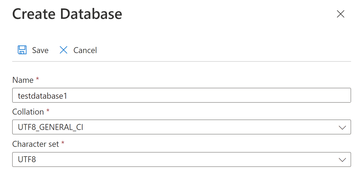Zrzut ekranu przedstawiający sposób tworzenia bazy danych na serwerze elastycznym usługi Azure Database for MySQL.