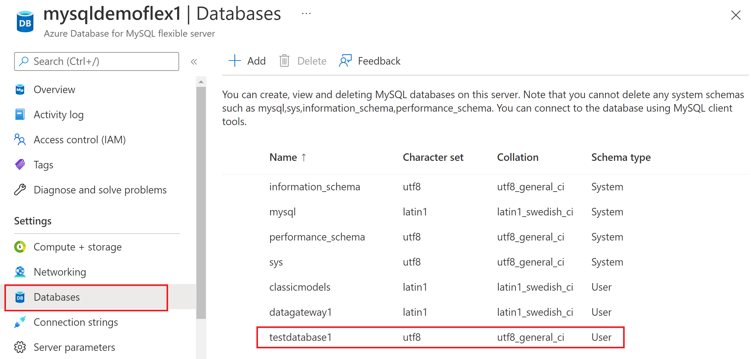 Zrzut ekranu przedstawiający sposób wyświetlania listy wszystkich baz danych na serwerze elastycznym usługi Azure Database for MySQL.
