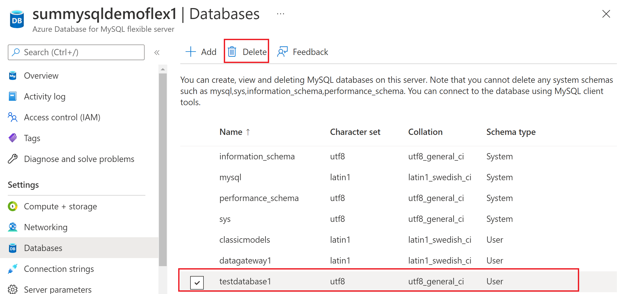 Zrzut ekranu przedstawiający sposób usuwania bazy danych na serwerze elastycznym usługi Azure Database for MySQL.