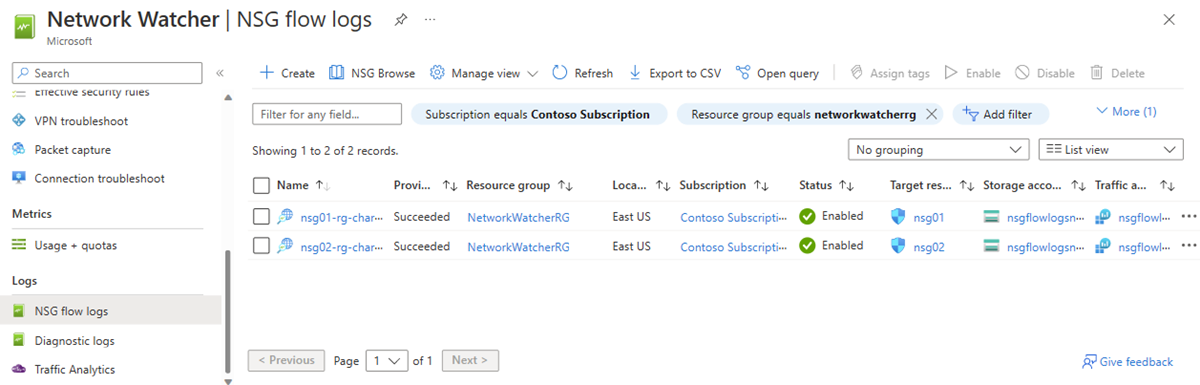 Zrzut ekranu przedstawiający stronę dzienników przepływu sieciowej grupy zabezpieczeń usługi Network Watcher w witrynie Azure Portal.