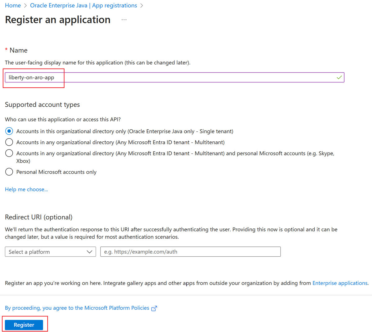 Zrzut ekranu witryny Azure Portal przedstawiający stronę Rejestrowanie aplikacji.