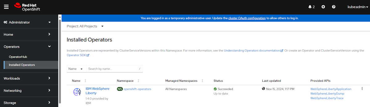 Zrzut ekranu przedstawiający portal konsoli klastra Red Hat OpenShift przedstawiający stronę Zainstalowane operatory.