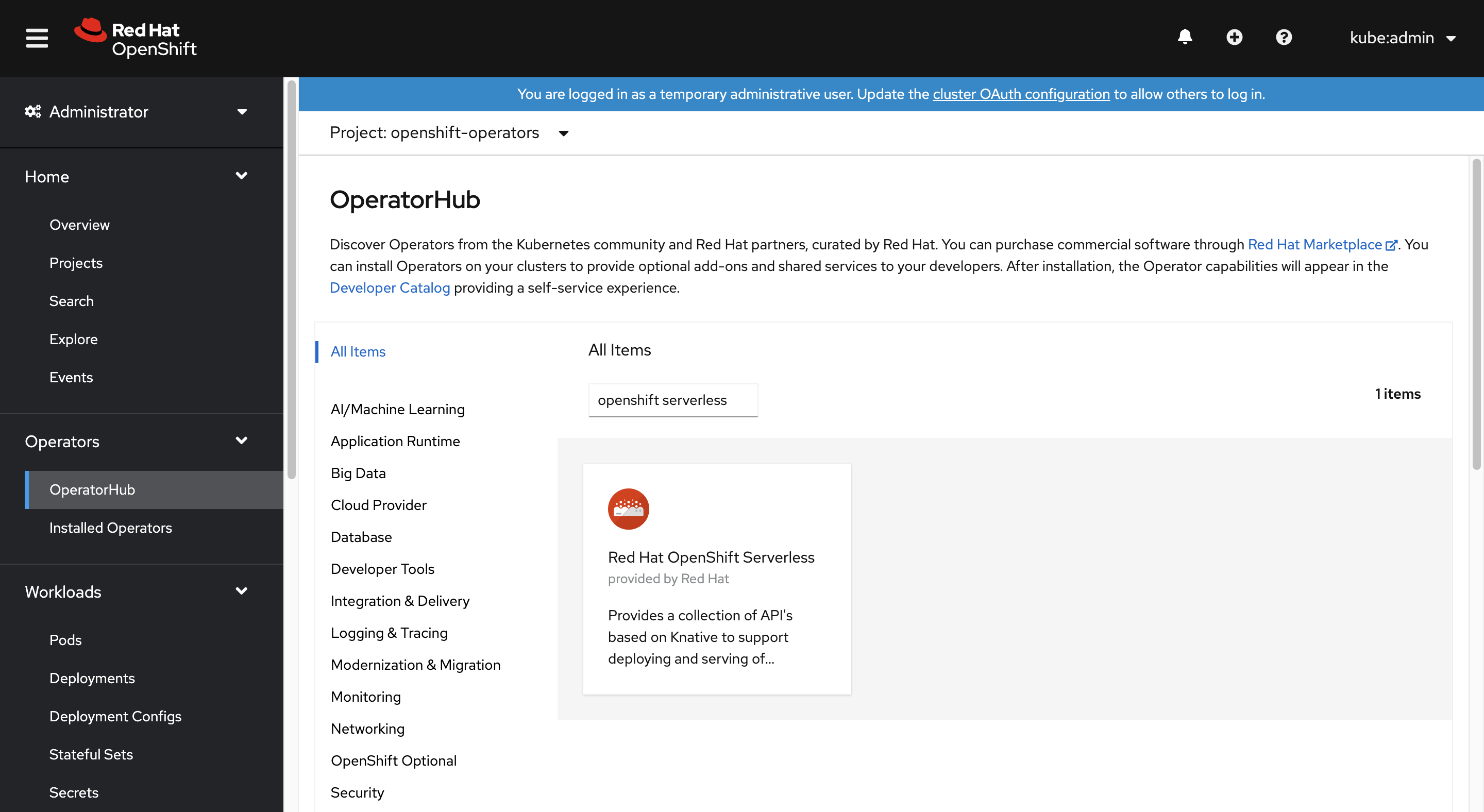 A screenshot that shows the position of the OpenShift Serverless operator.