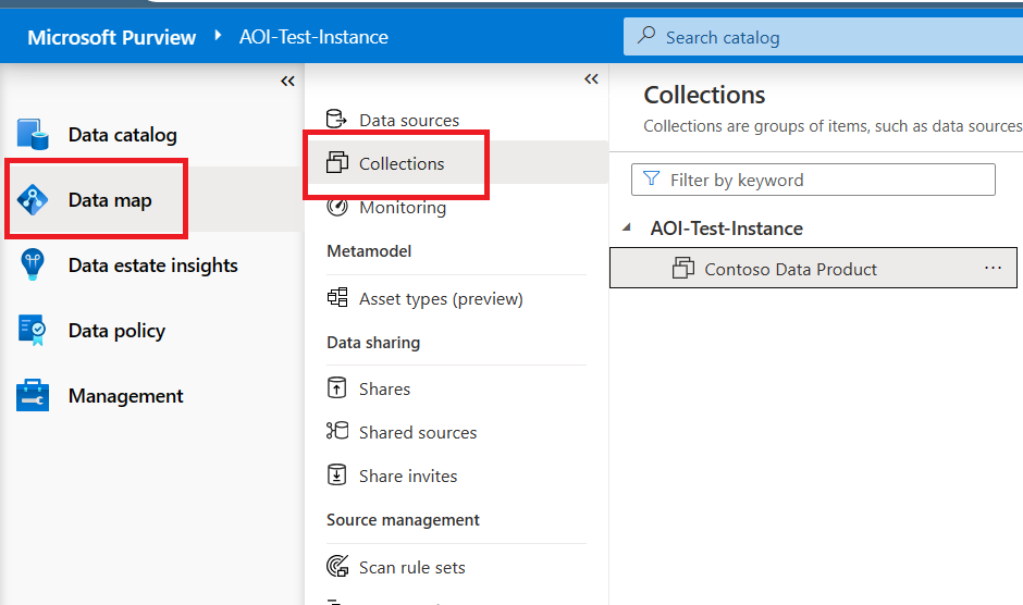 Zrzut ekranu przedstawiający kolekcje map danych w usłudze Purview.