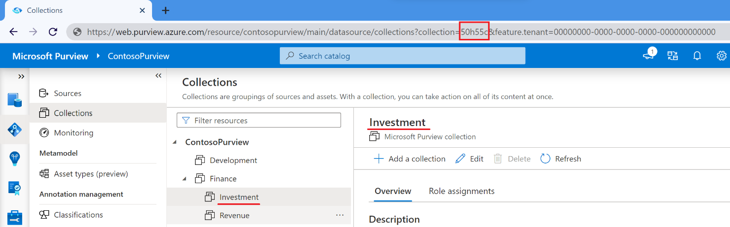 Zrzut ekranu, który podkreśla identyfikator kolekcji w adresie URL kolekcji Usługi Purview.