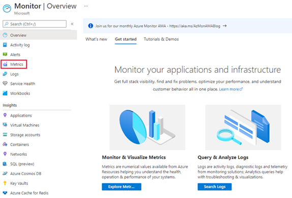 Zrzut ekranu przedstawiający wybór metryk usługi Azure Monitor.