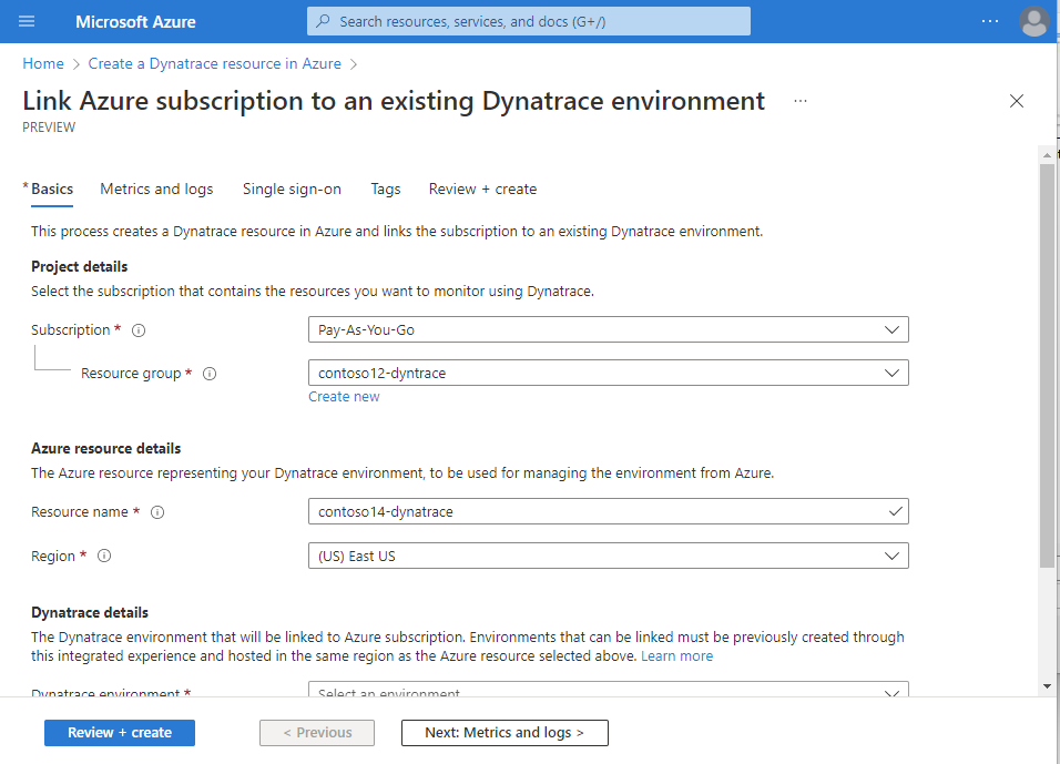 Zrzut ekranu przedstawiający wyróżnione tworzenie linku do istniejącego środowiska Dynatrace.