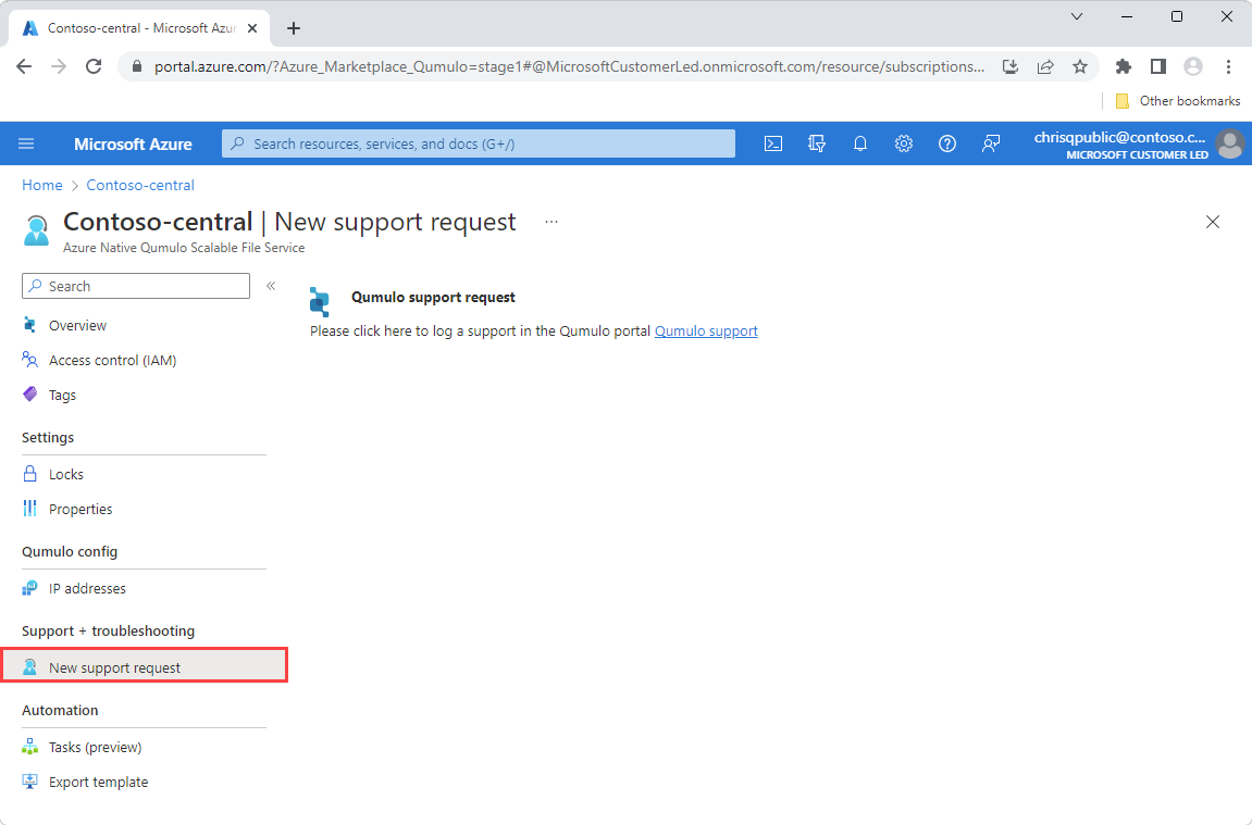 Screenshot that shows a request form for Qumulo support.