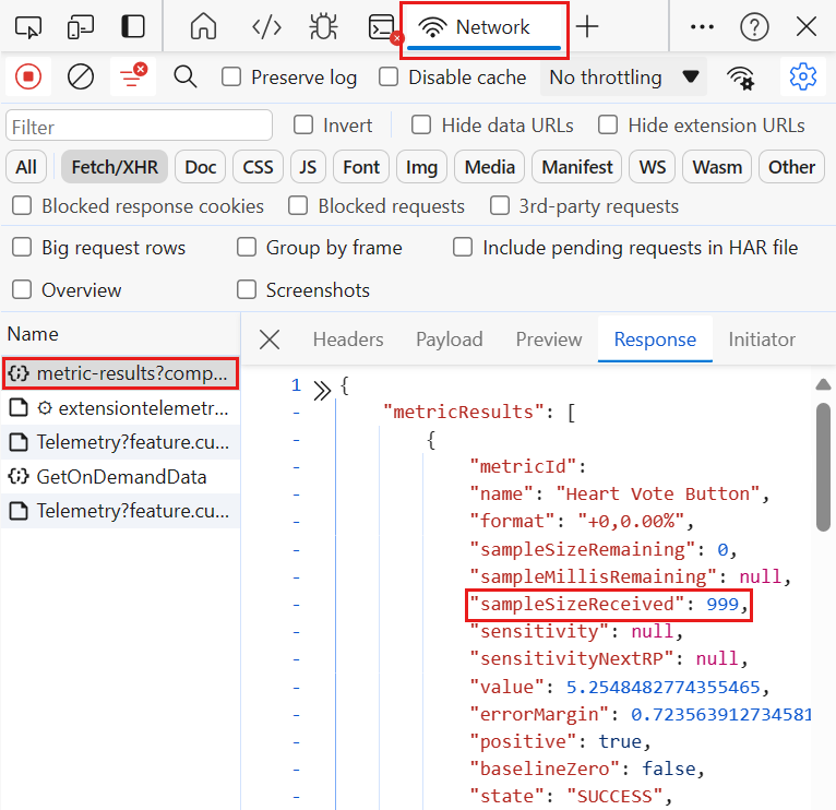 Zrzut ekranu platformy Azure przedstawiający rozmiar próbki odebrany w narzędziach deweloperskich.