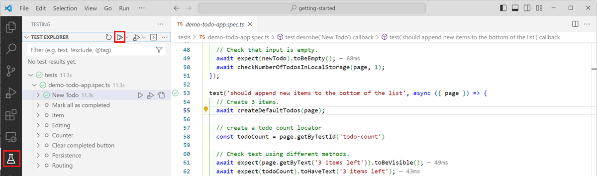Zrzut ekranu przedstawiający sposób uruchamiania wszystkich testów w programie Visual Studio Code.