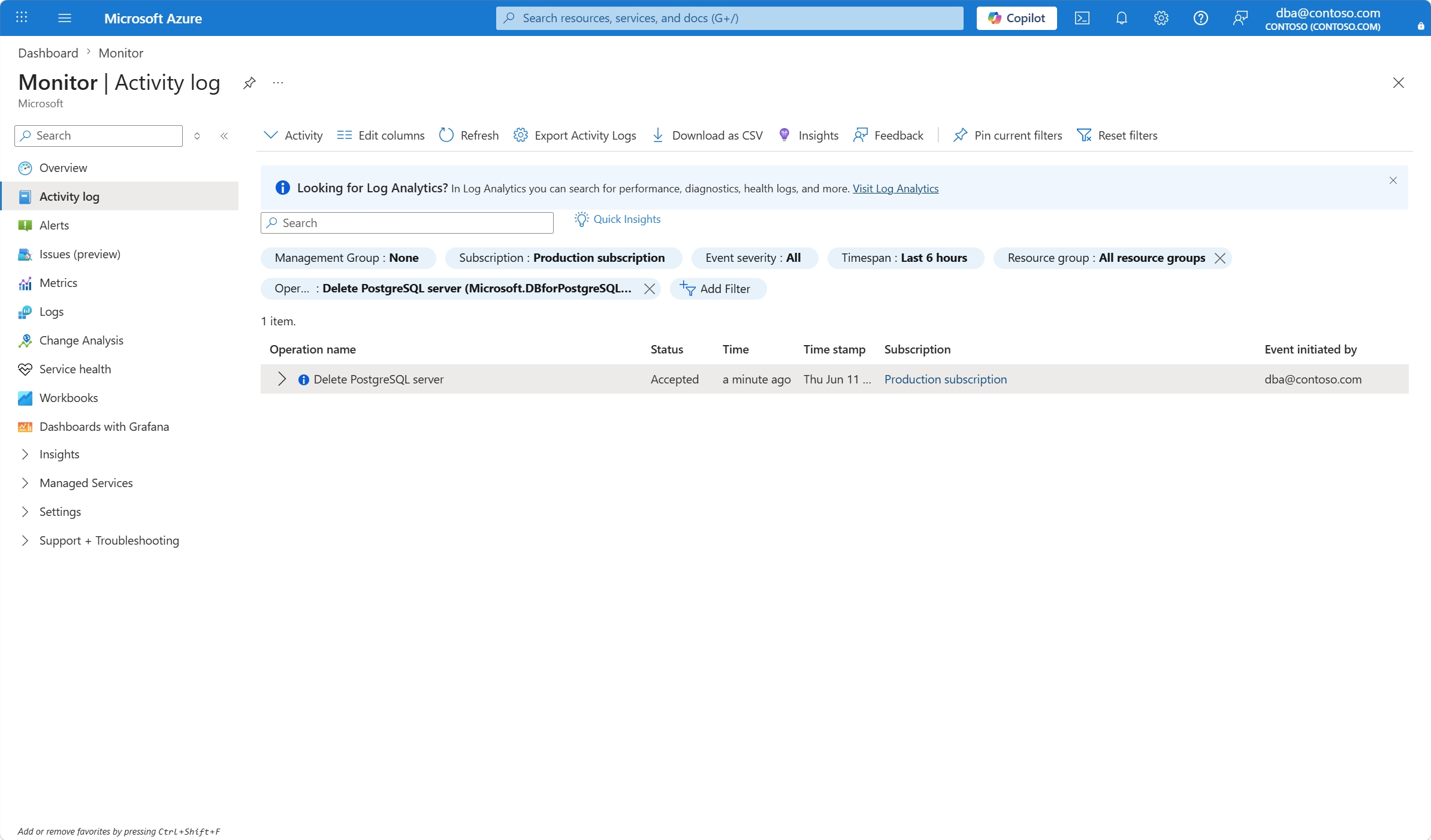 Zrzut ekranu przedstawiający dziennik aktywności filtrowany dla subskrypcji, w której istniał usunięty serwer i dla operacji usuwania serwera PostgreSQL.