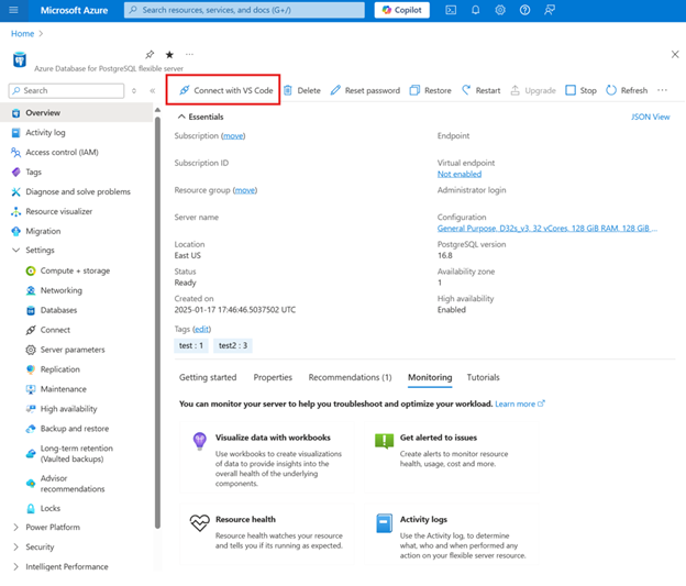 Zrzut ekranu witryny Azure Portal przedstawiający wystąpienie usługi Azure Database for PostgreSQL z przyciskiem Połącz za pomocą programu Visual Studio Code.