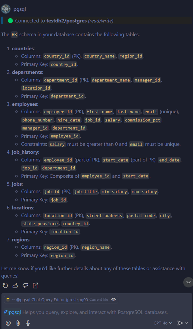 Zrzut ekranu odpowiedzi Copilot Chat ze szczegółowym podziałem tabel i kolumn w schemacie HR bazy danych PostgreSQL.
