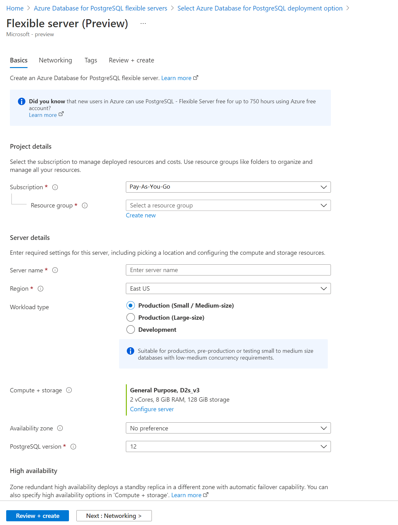 Zrzut ekranu przedstawiający kartę Podstawowe na stronie serwera elastycznego usługi Azure Database for PostgreSQL.