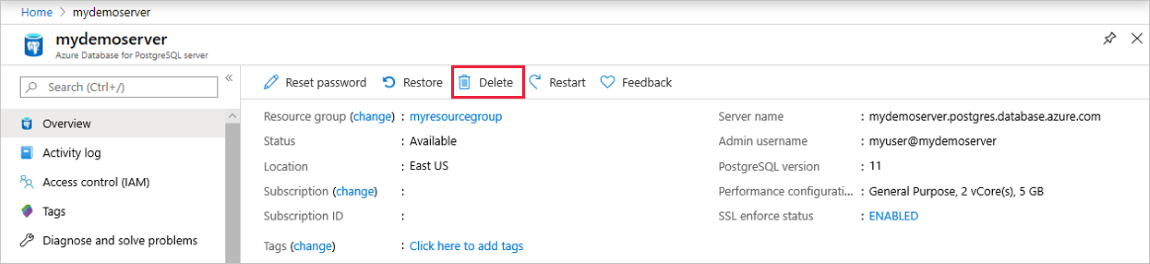 Zrzut ekranu przedstawiający witrynę Azure Portal w celu usunięcia serwera w usłudze Azure Database for PostgreSQL