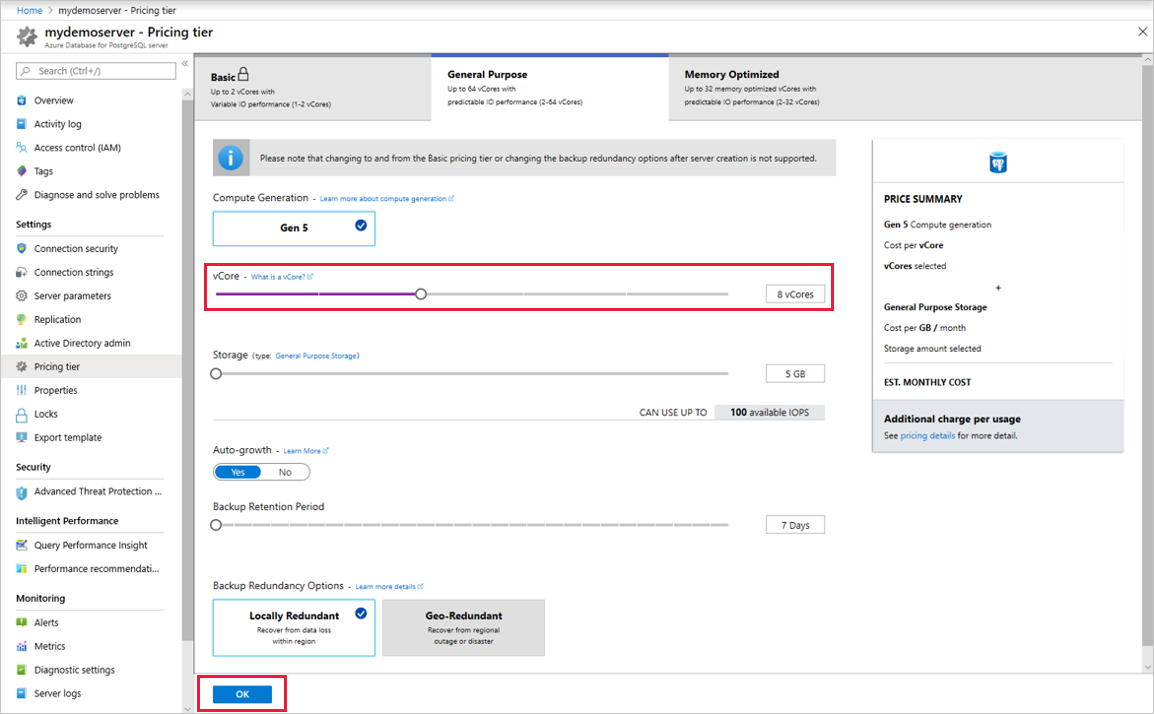 Zrzut ekranu przedstawiający witrynę Azure Portal, aby wybrać opcję rdzeni wirtualnych w usłudze Azure Database for PostgreSQL