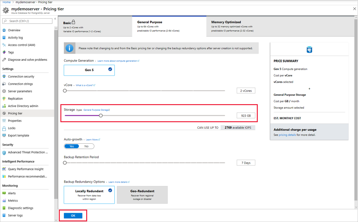 Zrzut ekranu przedstawiający witrynę Azure Portal, aby wybrać skalę magazynu w usłudze Azure Database for PostgreSQL
