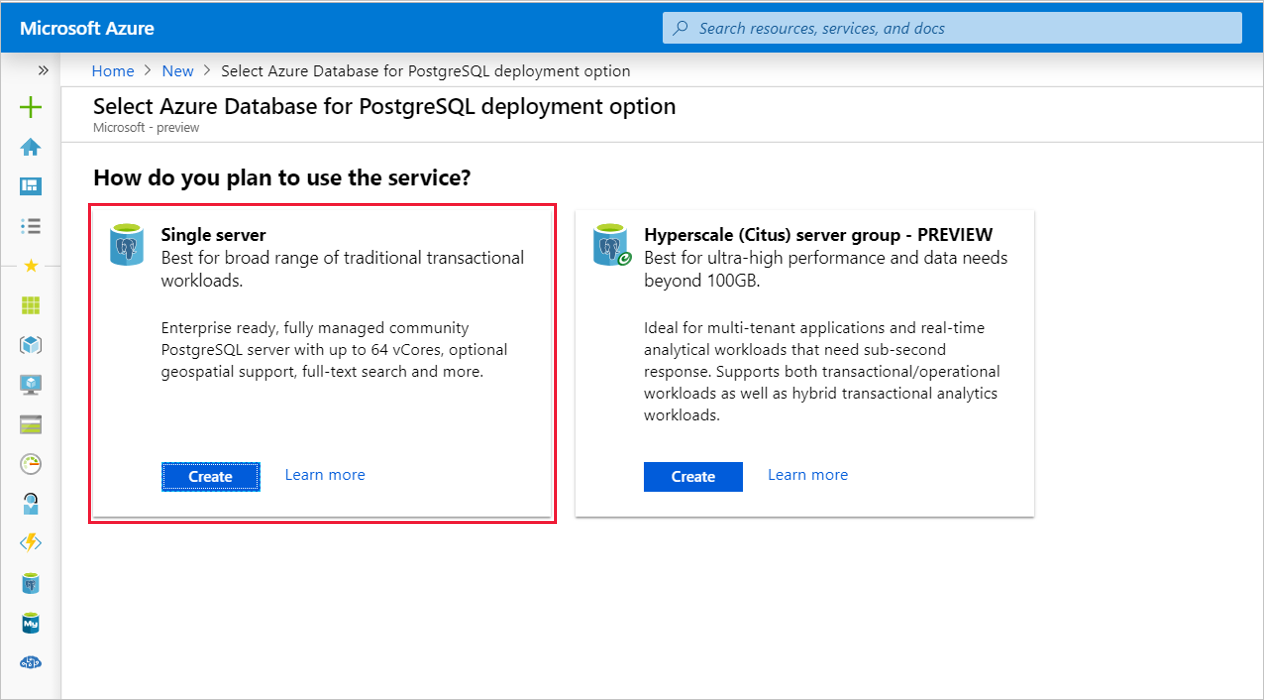 Wybierz opcję wdrażania usługi Azure Database for PostgreSQL — pojedynczy serwer.