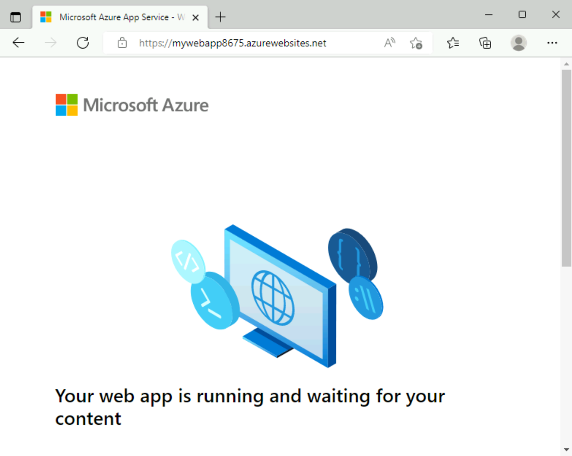 Zrzut ekranu przeglądarki Microsoft Edge przedstawiający domyślną stronę aplikacji internetowej.