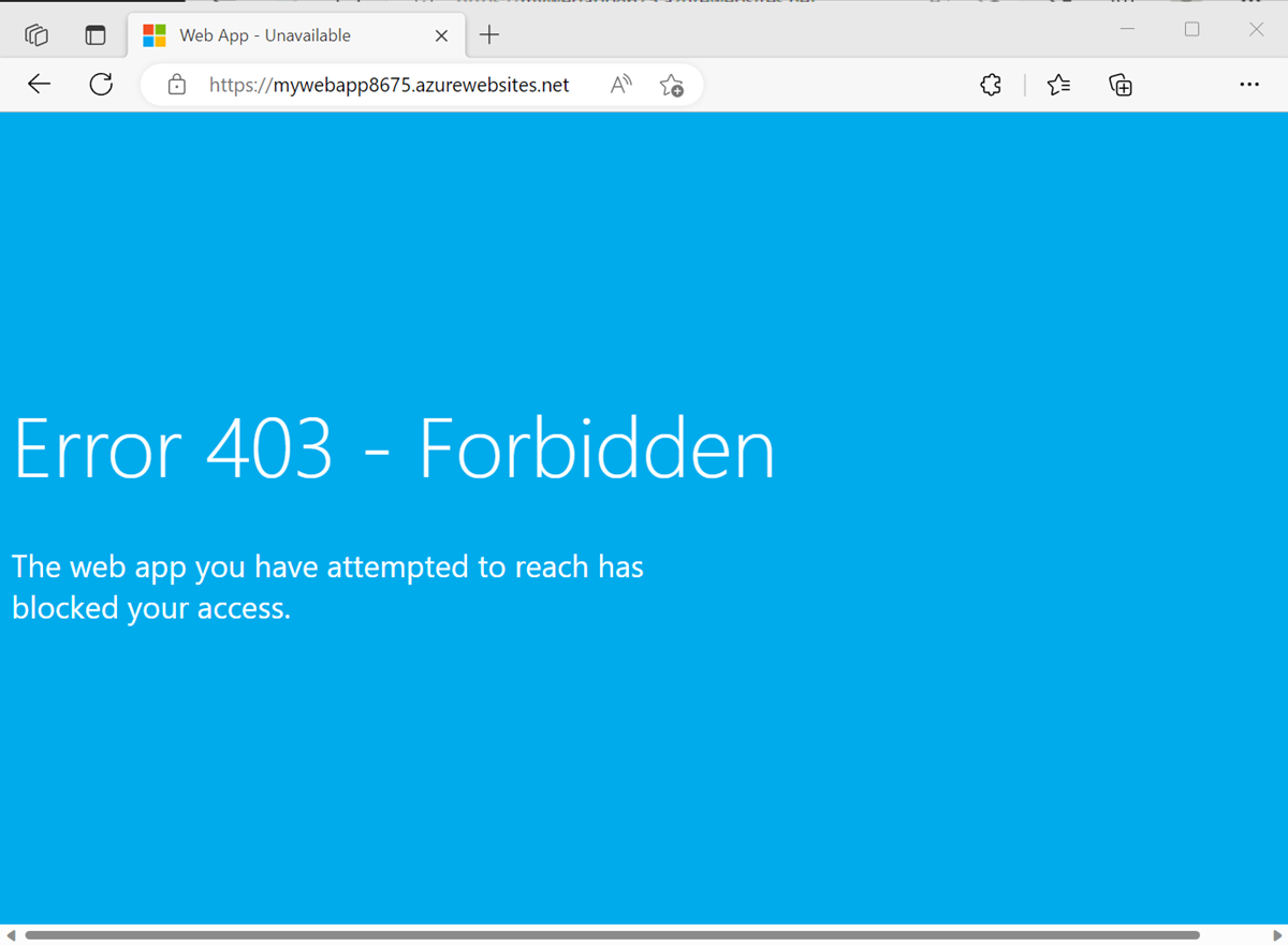 Zrzut ekranu przeglądarki internetowej przedstawiający niebieską stronę z błędem 403 dla zewnętrznego adresu aplikacji internetowej.