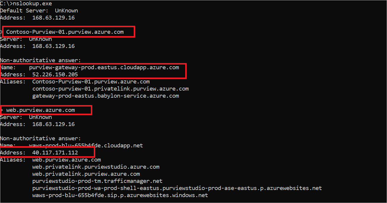 Zrzut ekranu przedstawiający rozpoznawanie nazw usługi Microsoft Purview spoza sieci CorpNet.