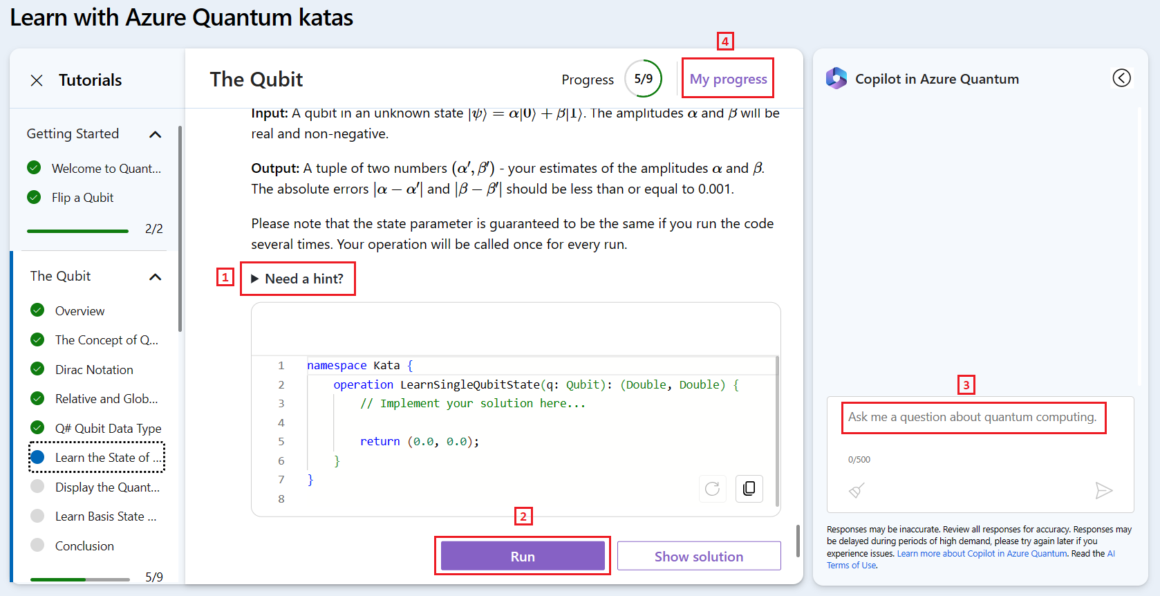 Zrzut ekranu witryny internetowej usługi Azure Quantum przedstawiający samouczki Quantum Kata z rozwiązaniem Copilot.