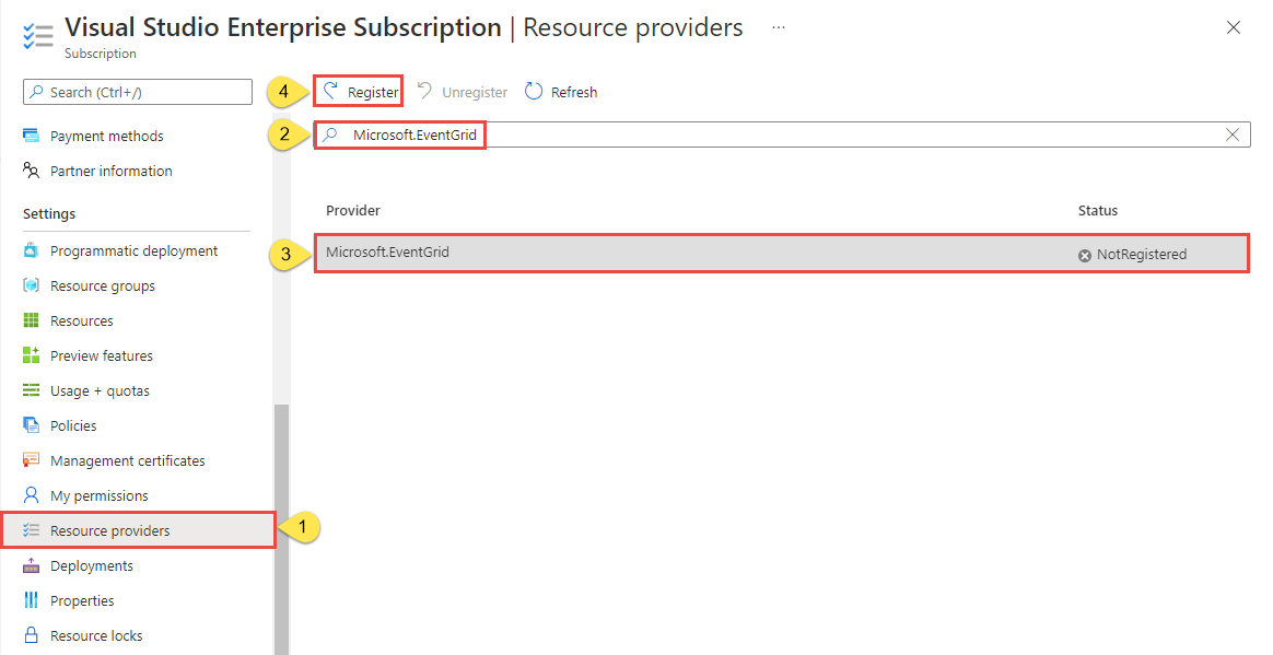 Zrzut ekranu przedstawiający rejestrację dostawcy Microsoft.EventGrid w ramach subskrypcji platformy Azure.