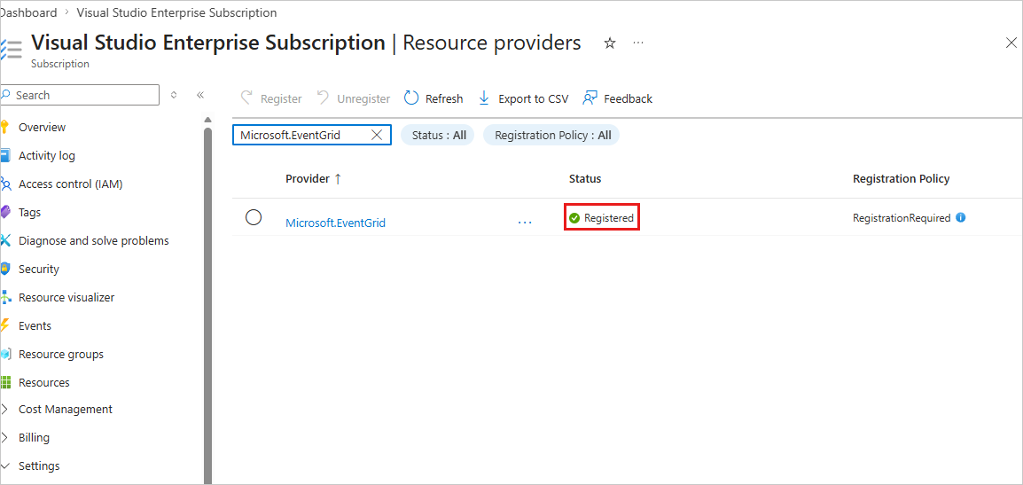 Zrzut ekranu przedstawiający pomyślną rejestrację dostawcy Microsoft.EventGrid w subskrypcji platformy Azure.