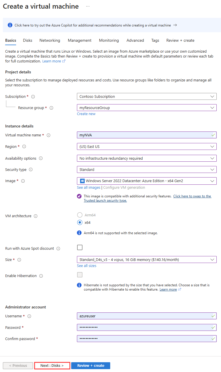 Zrzut ekranu przedstawiający kartę Podstawy tworzenia maszyny wirtualnej w witrynie Azure Portal.