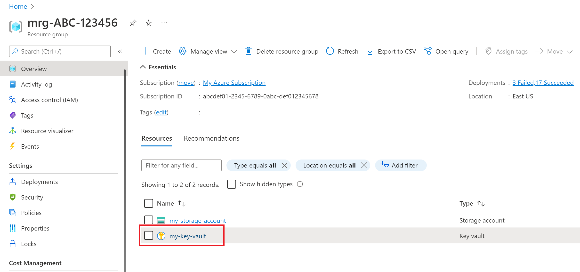 Zrzut ekranu przedstawiający zarządzaną grupę zasobów w witrynie Azure Portal z wyborem magazynu kluczy na stronie przeglądu.