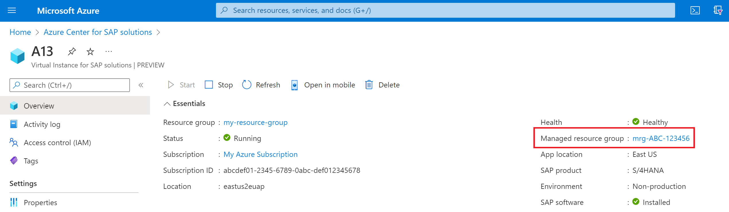 Zrzut ekranu przedstawiający zasób vis w witrynie Azure Portal z wyborem zarządzanej grupy zasobów na stronie przeglądu.