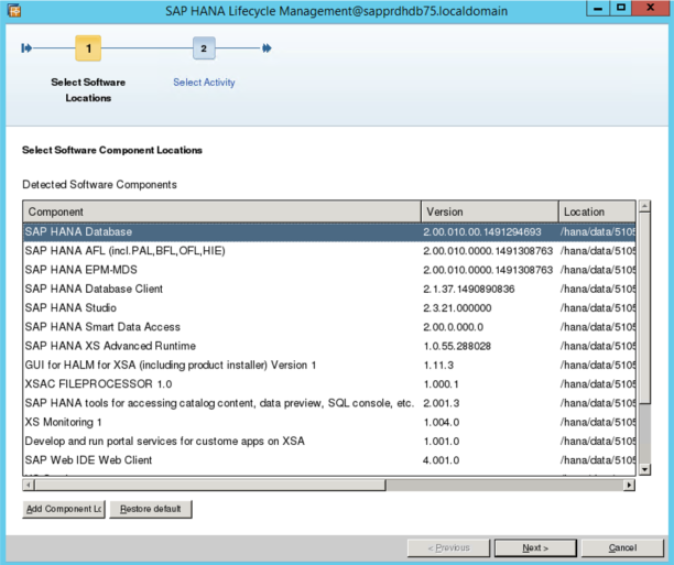 Zrzut ekranu przedstawiający ekran zarządzania cyklem życia oprogramowania SAP HANA z wybraną pozycją Baza danych SAP HANA.