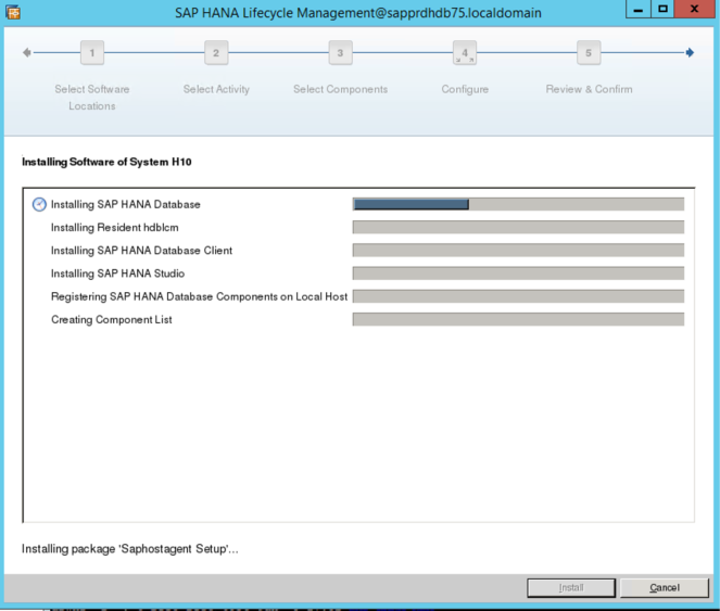 Zrzut ekranu przedstawiający ekran zarządzania cyklem życia oprogramowania SAP HANA ze wskaźnikami postępu instalacji.