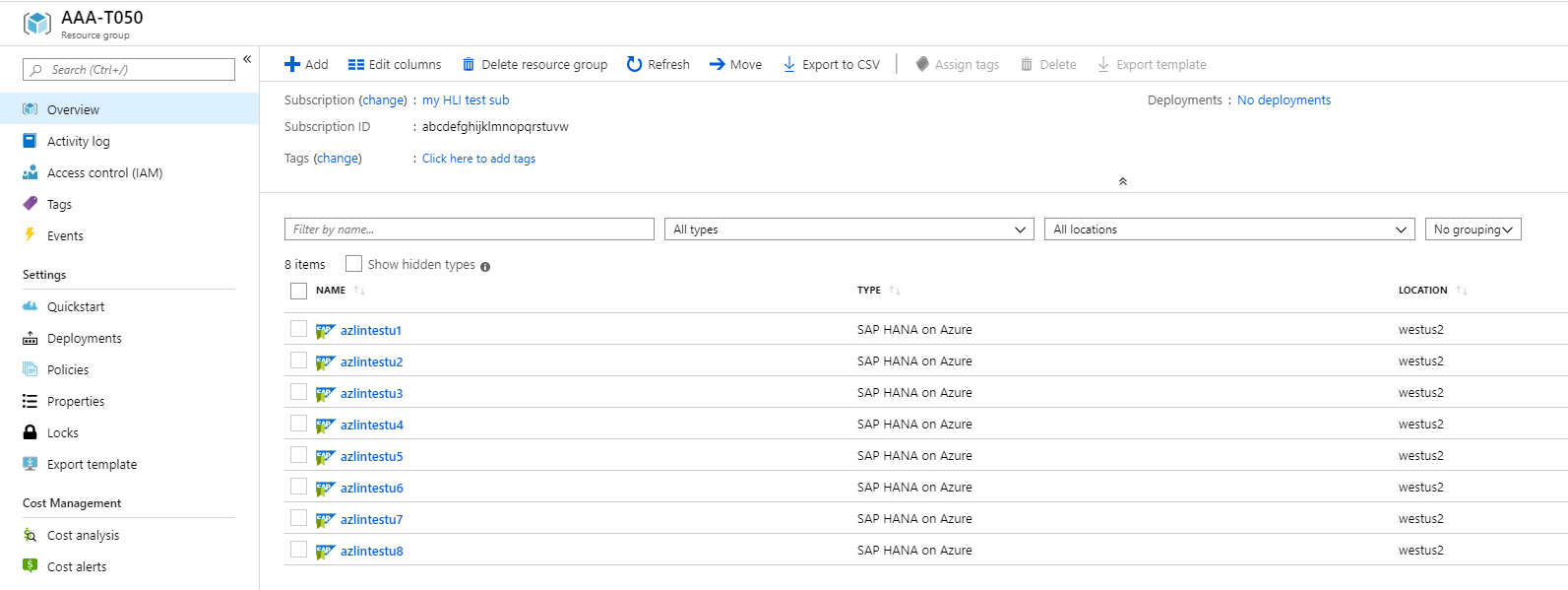 HLI list in Azure portal